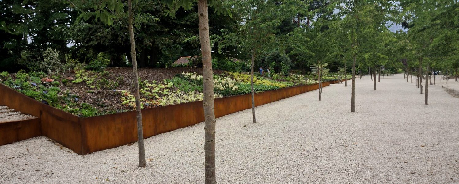 A landscaped garden with a gravel path is lined with young trees. A raised, rust-colored planter serves as an elegant garden border, holding various plants and succulents that create a structured edge to the green space. The background is densely wooded.