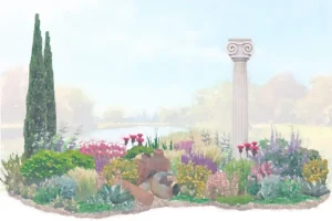 A colorful garden scene with tall cypress trees, blooming flowers, green shrubs, terra cotta pots on the ground, and a classical white column, set against a hazy sky and blurred landscape.