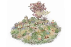 Illustrated garden with various flowering plants, grasses, clay pots, a wooden bench, a stone structure, and a tree with red leaves at the center, all arranged in a circular design on a white background.