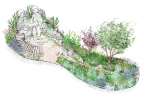 A hand-drawn garden plan featuring a curved bench labeled “storytelling space,” with two sketched figures seated, surrounded by lush plants, trees, and winding stone borders in a naturalistic, green setting.