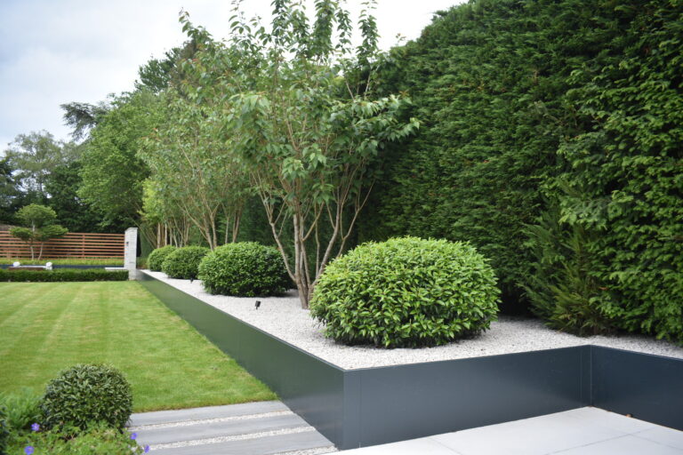 A British modern garden featuring neatly trimmed hedges, round shrubs, small trees, gravel beds bordered by RETAINING WALLS (DRAFT), all set beside a manicured green lawn.