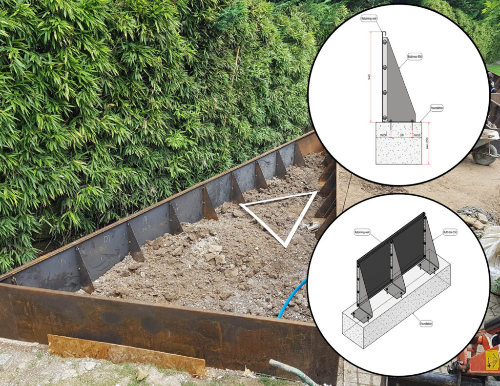 A construction site features RETAINING WALLS being installed, soil partially backfilled, and two technical diagrams displaying cross-sections and measurements. Flexible steel edging borders the area, with dense greenery in the background.